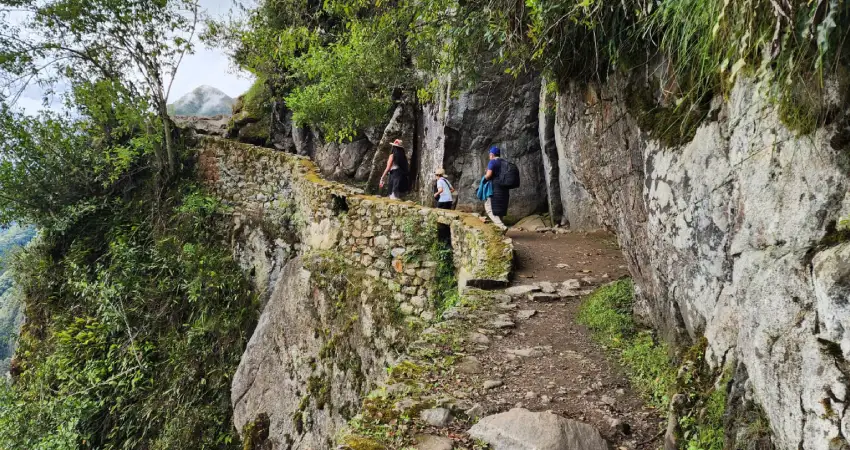 family walking through the inca bridge